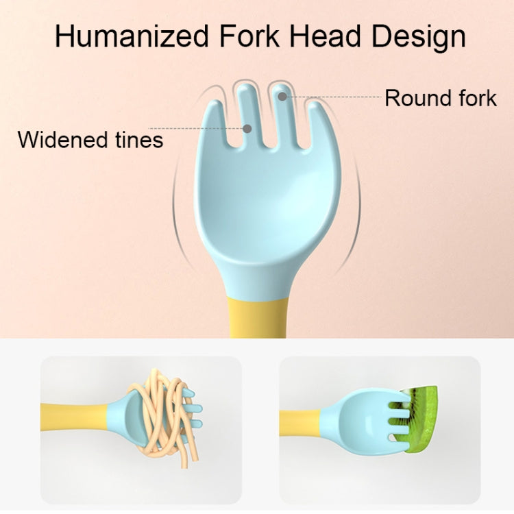 A colorful set of baby bendable silicone soft spoon and fork designed for children, featuring a flexible handle and safe rounded edges.