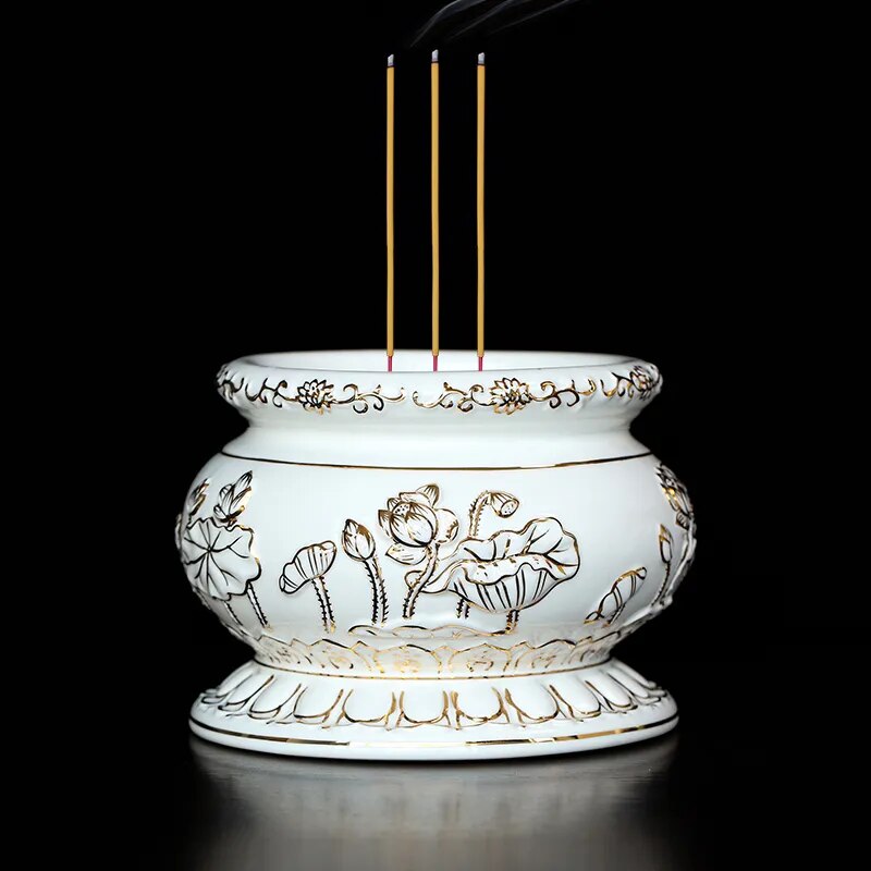 Elegant Chinese white ceramic incense burner, perfect for home Feng Shui and Buddhist decor.