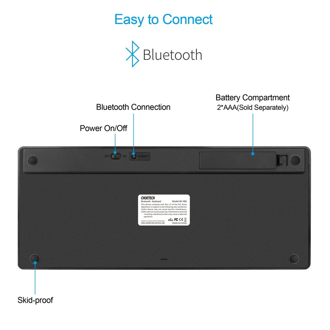 CHOETECH BH-006 Ultra Slim Wireless Bluetooth Keyboard in black, showcasing its sleek design and compact layout.