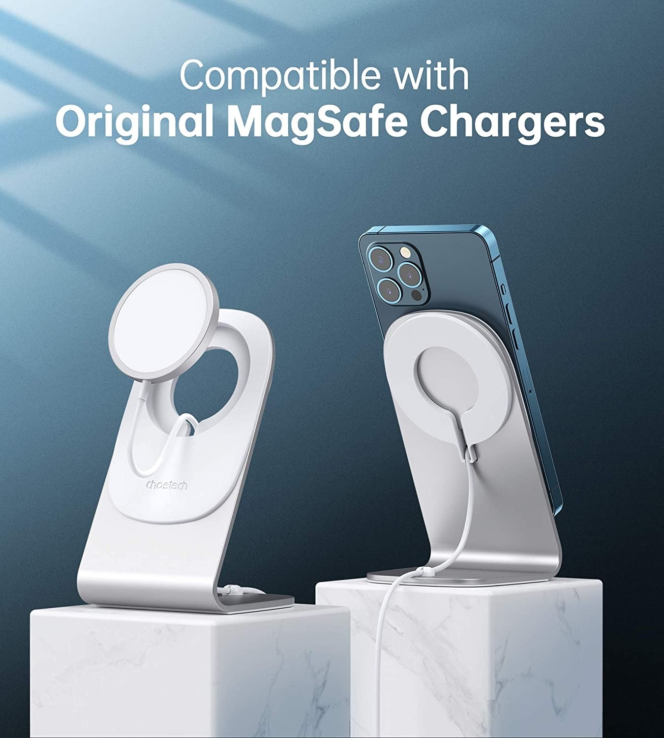 Choetech H046 Phone Stand made of aluminum, designed for MagSafe chargers, showcasing its elegant and sturdy design.