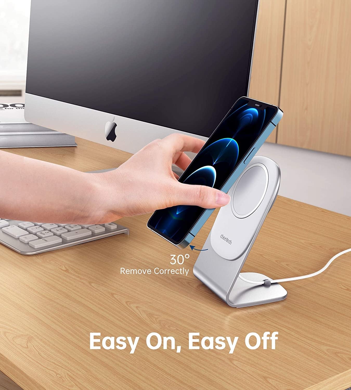 Choetech H046 Phone Stand made of aluminum, designed for MagSafe chargers, showcasing its elegant and sturdy design.