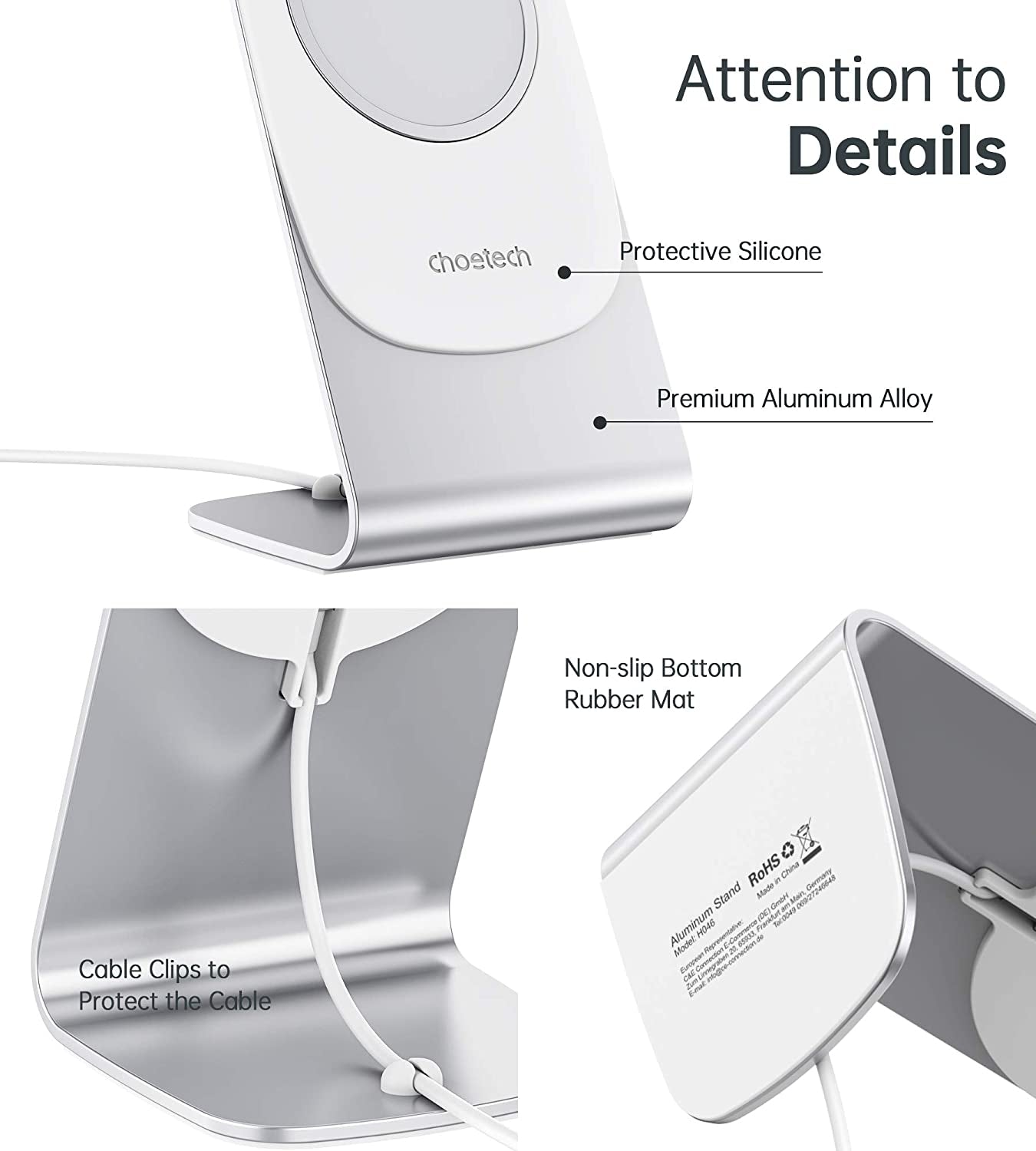 Choetech H046 Phone Stand made of aluminum, designed for MagSafe chargers, showcasing its elegant and sturdy design.