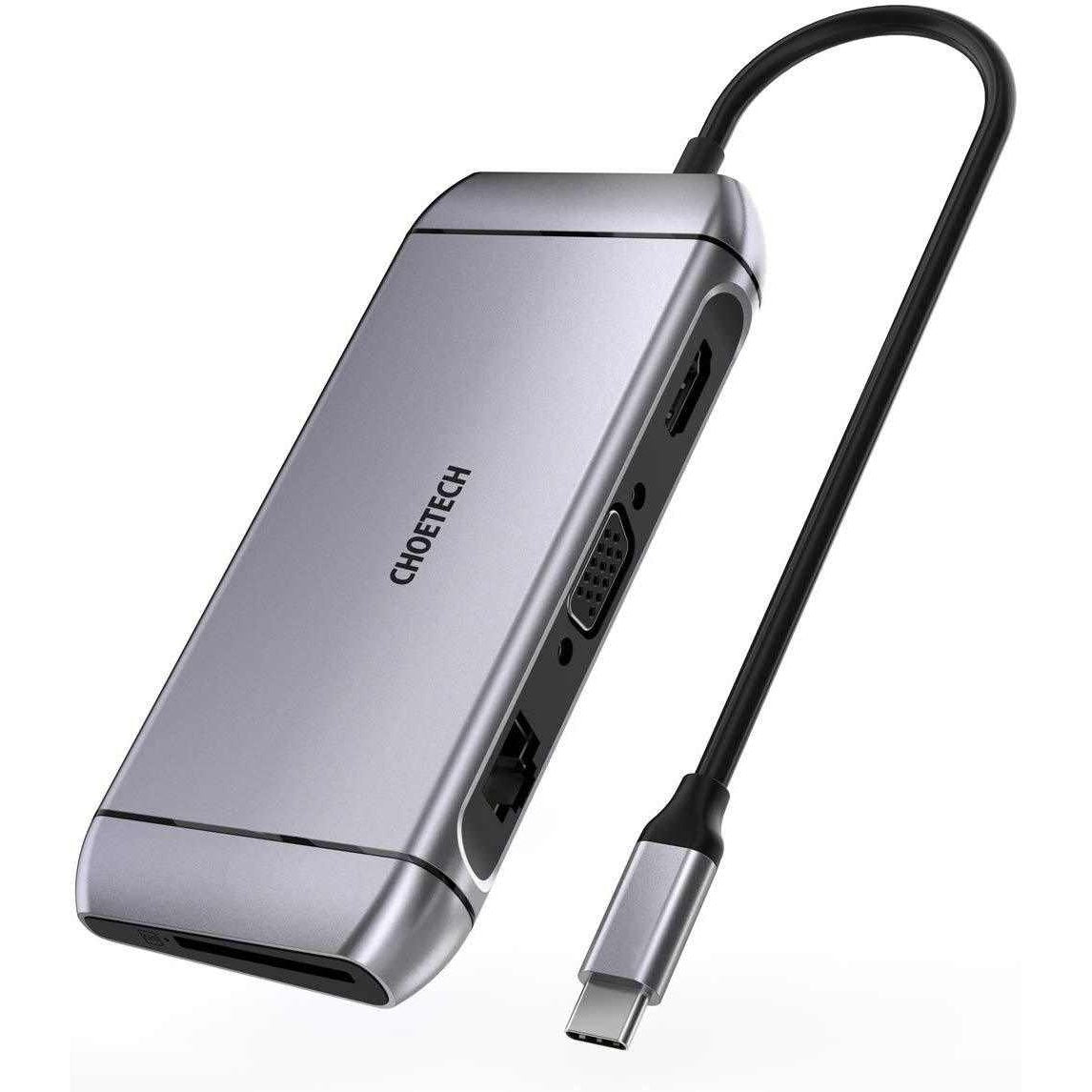 CHOETECH HUB-M15 USB-C 9-in-1 Multifunction Adapter with multiple ports including HDMI, USB, and Ethernet.