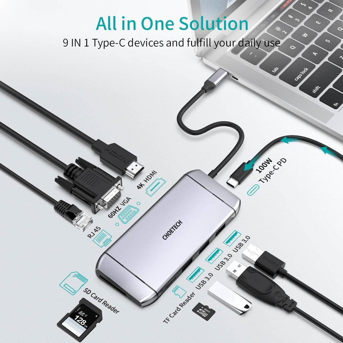 CHOETECH HUB-M15 USB-C 9-in-1 Multifunction Adapter with multiple ports including HDMI, USB, and Ethernet.