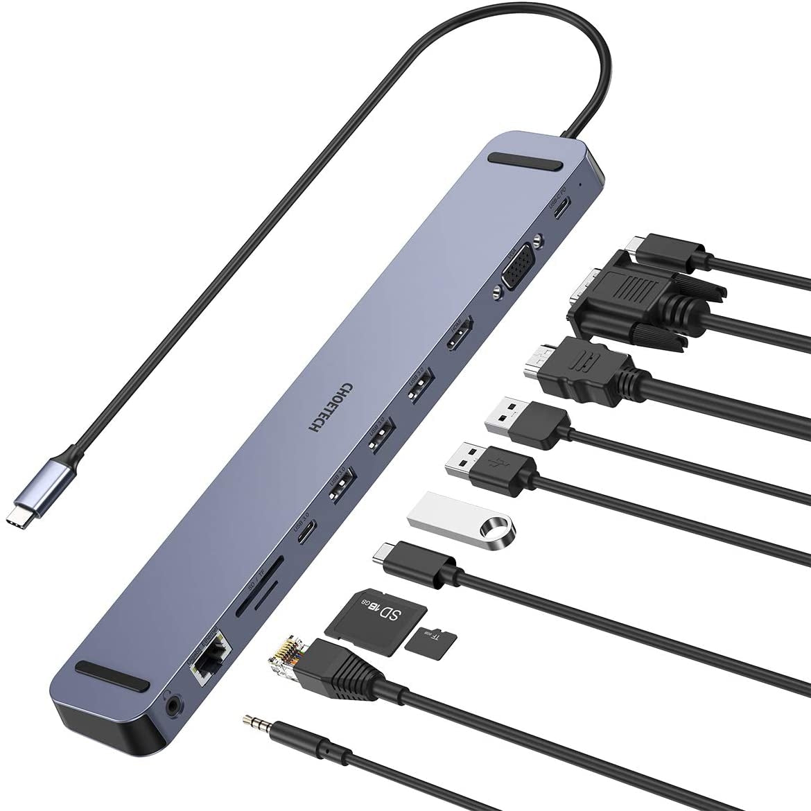 CHOETECH HUB-M20 USB-C 11-in-1 Multifunction Adapter with multiple ports and sleek design.