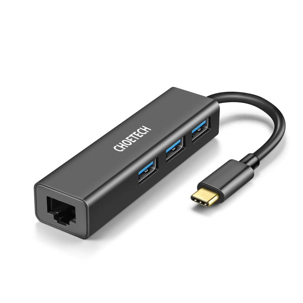 CHOETECH HUB-U02 USB-C to Ethernet Hub with three USB 3.0 ports and one RJ-45 port, designed for stable internet connectivity.