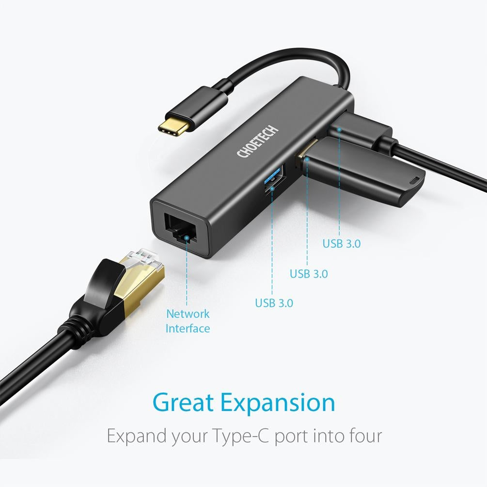 CHOETECH HUB-U02 USB-C to Ethernet Hub with three USB 3.0 ports and one RJ-45 port, designed for stable internet connectivity.