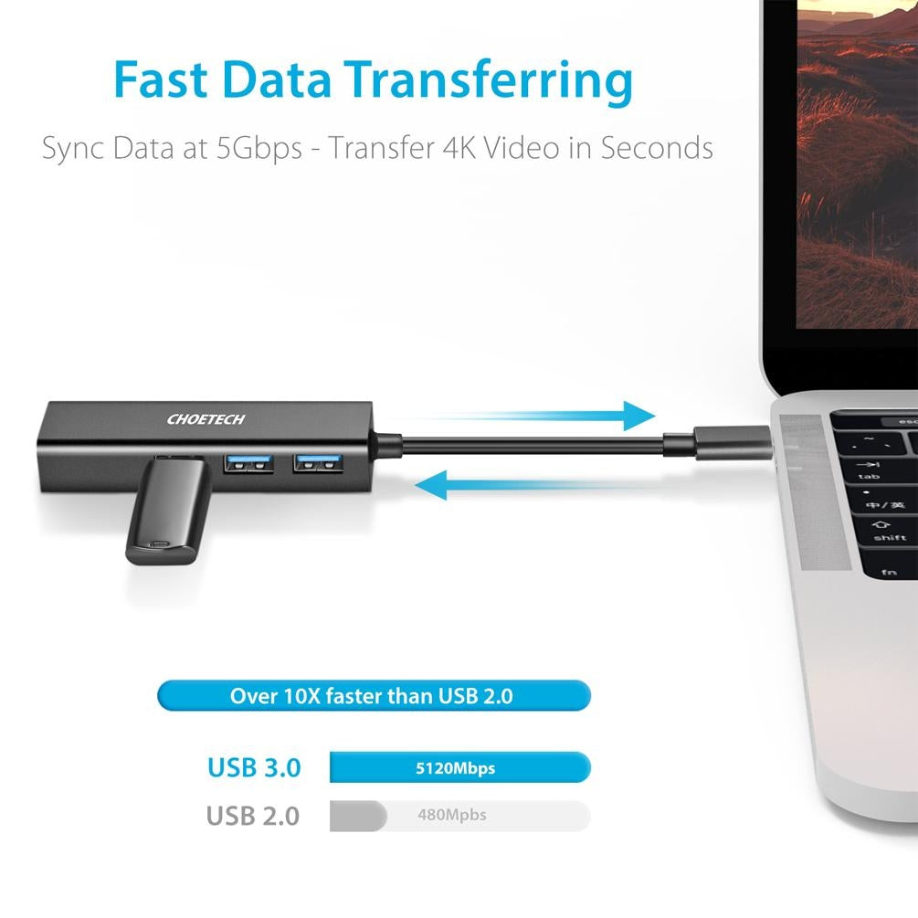 CHOETECH HUB-U02 USB-C to Ethernet Hub with three USB 3.0 ports and one RJ-45 port, designed for stable internet connectivity.