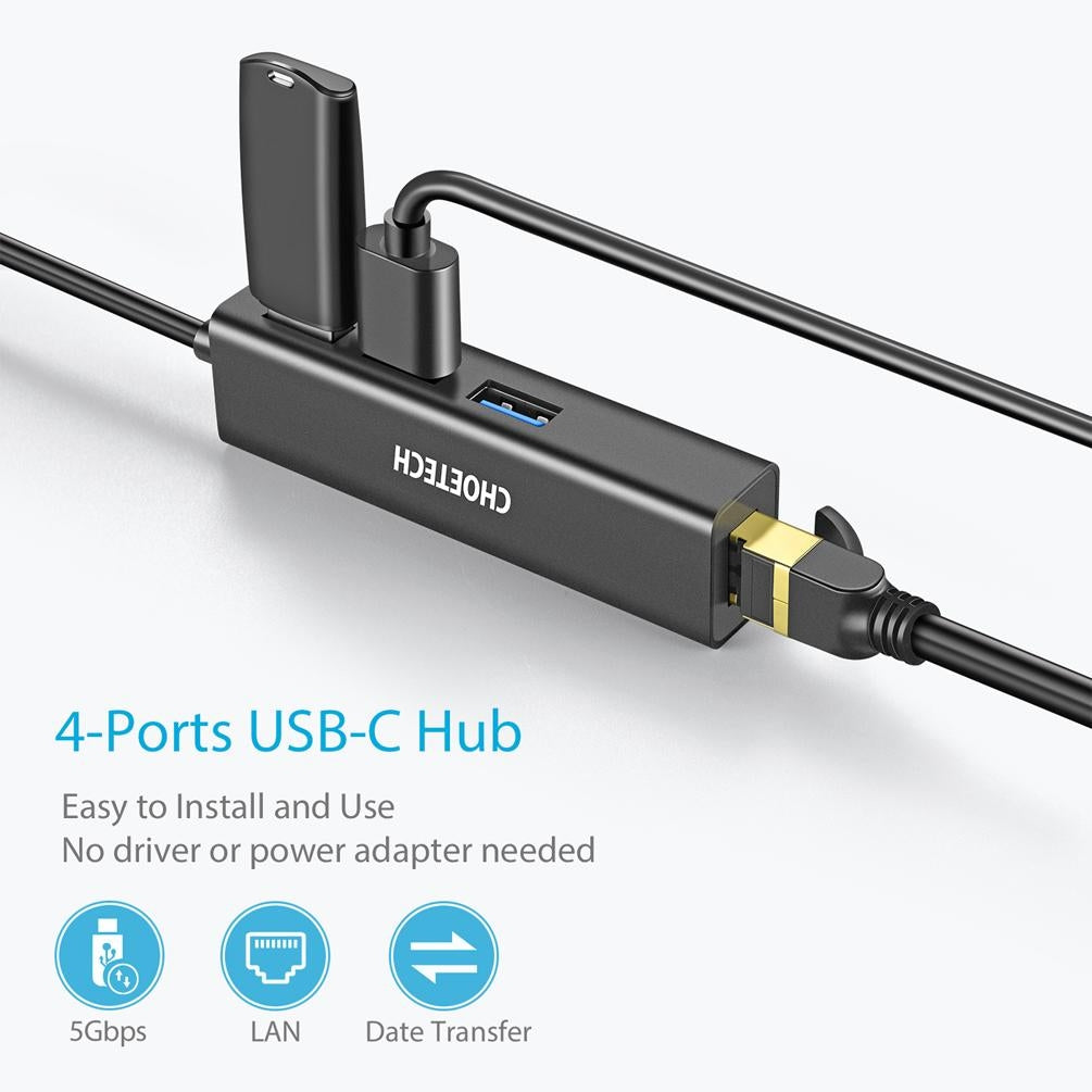 CHOETECH HUB-U02 USB-C to Ethernet Hub with three USB 3.0 ports and one RJ-45 port, designed for stable internet connectivity.