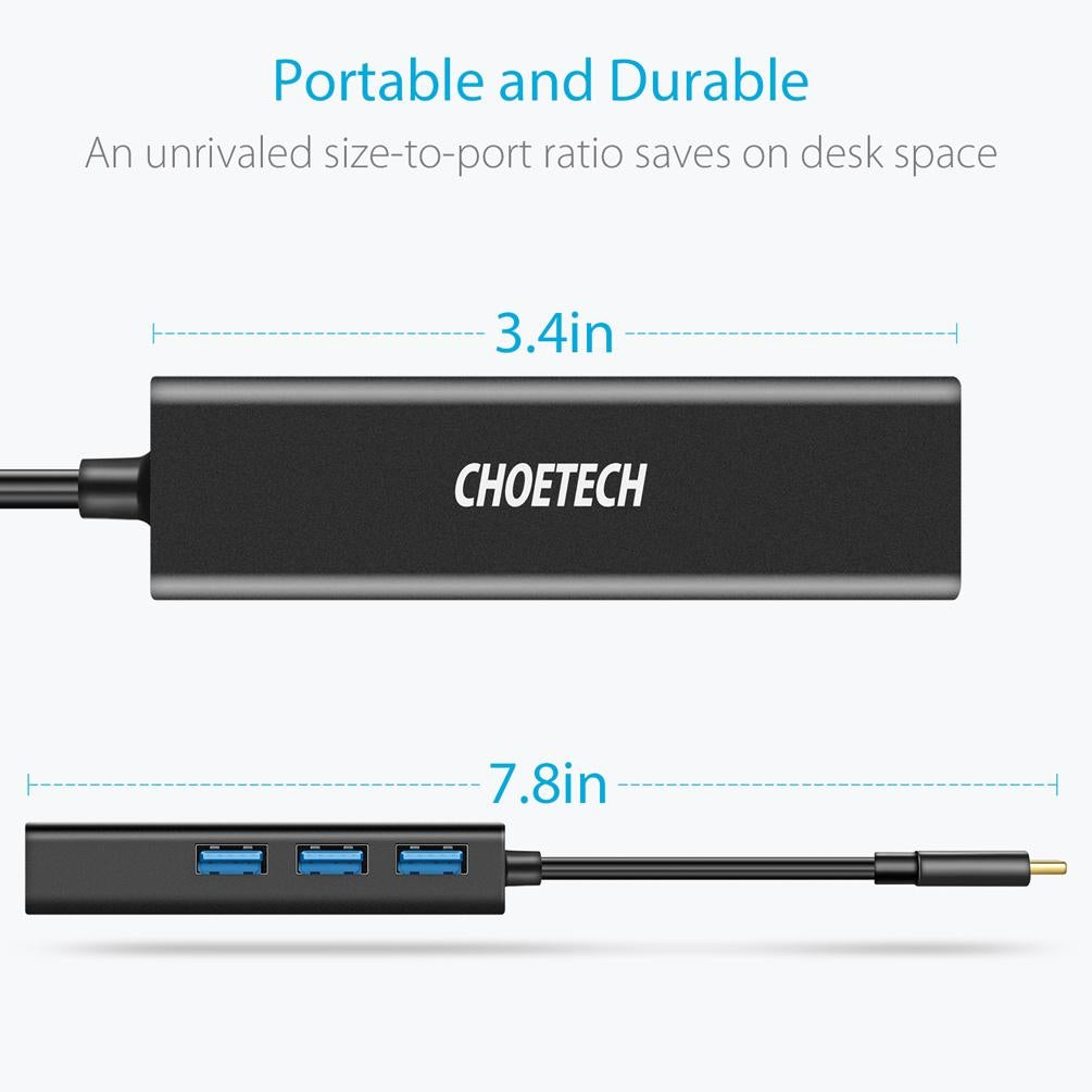 CHOETECH HUB-U02 USB-C to Ethernet Hub with three USB 3.0 ports and one RJ-45 port, designed for stable internet connectivity.