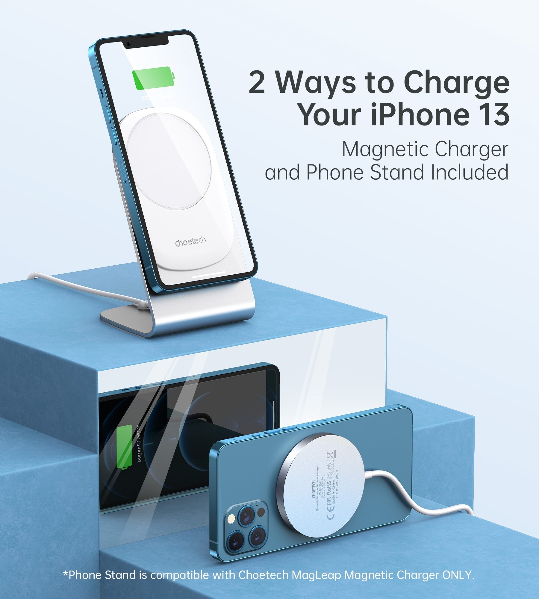 CHOETECH MIX00117SL Magasafe Fast Wireless Charger Stand Holder designed for iPhone 13, featuring a sleek design and adjustable angles.