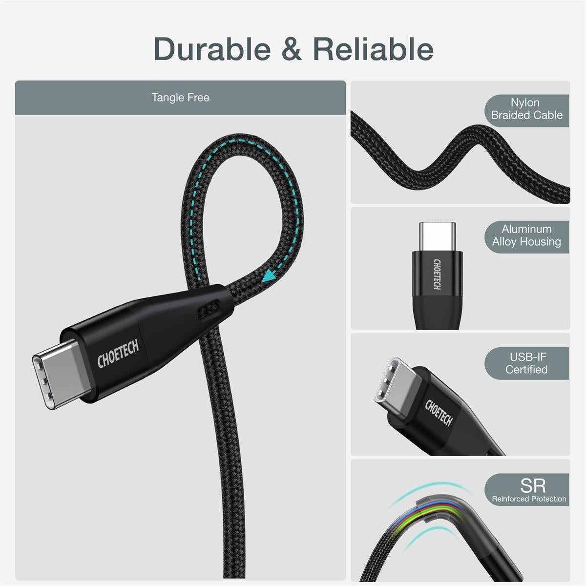 CHOETECH MIX00086 60W USB-C M to M cable combo pack featuring two 1.2m durable cables with nylon braided design.