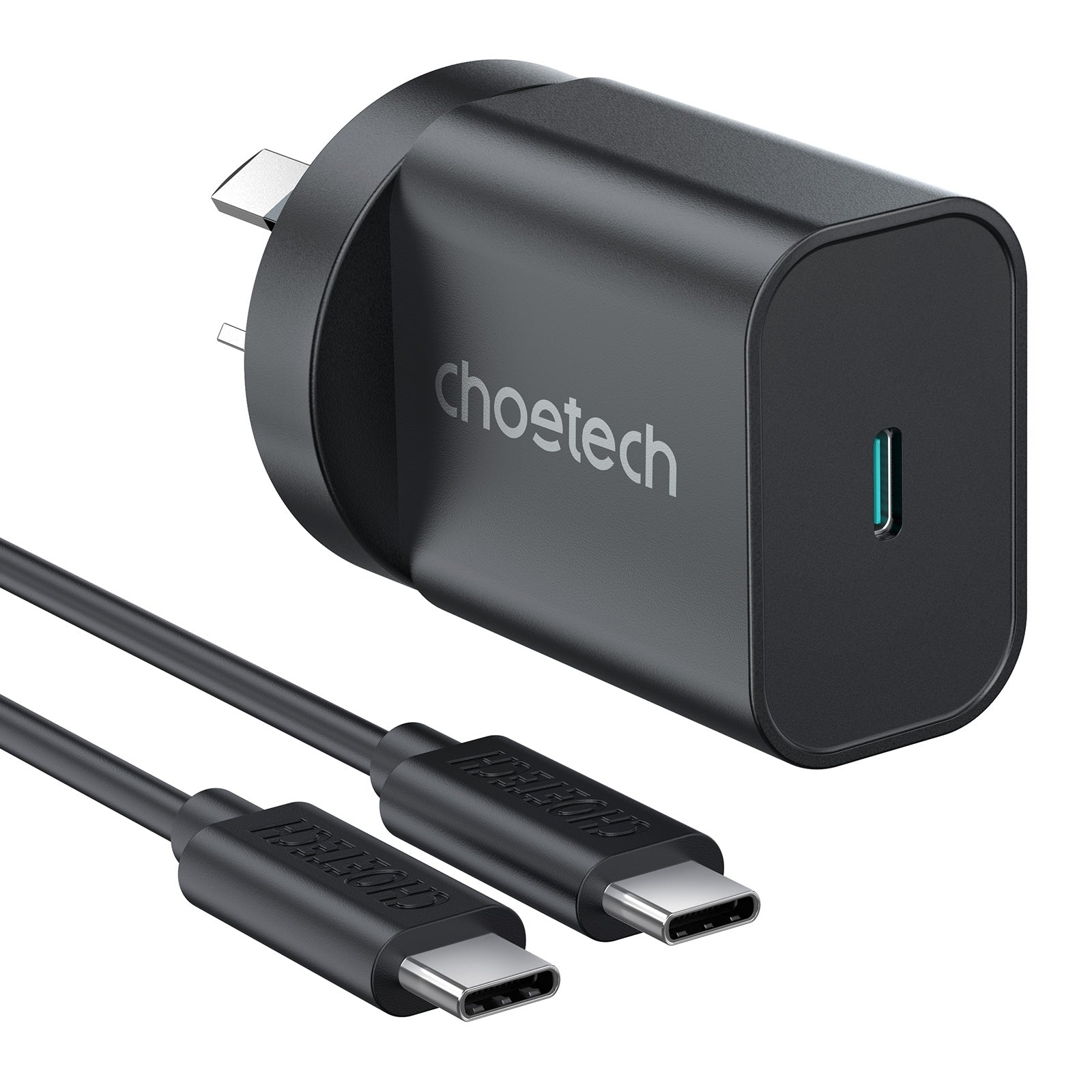 CHOETECH PD6003 25W USB-C Fast Charger with a 2m USB-C cable, showcasing its compact design and compatibility with various devices.