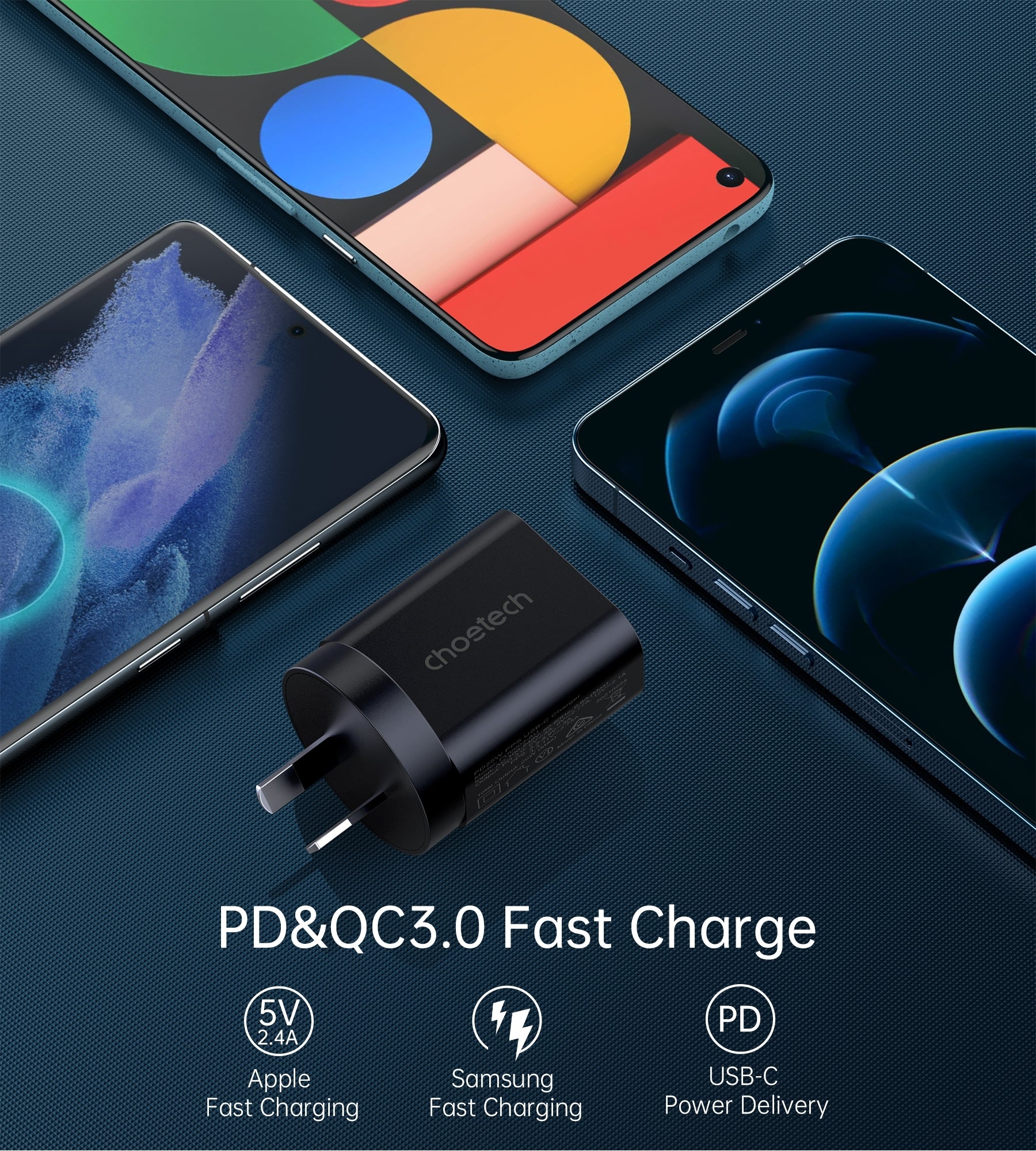 CHOETECH PD6003 25W USB-C Fast Charger with a 2m USB-C cable, showcasing its compact design and compatibility with various devices.