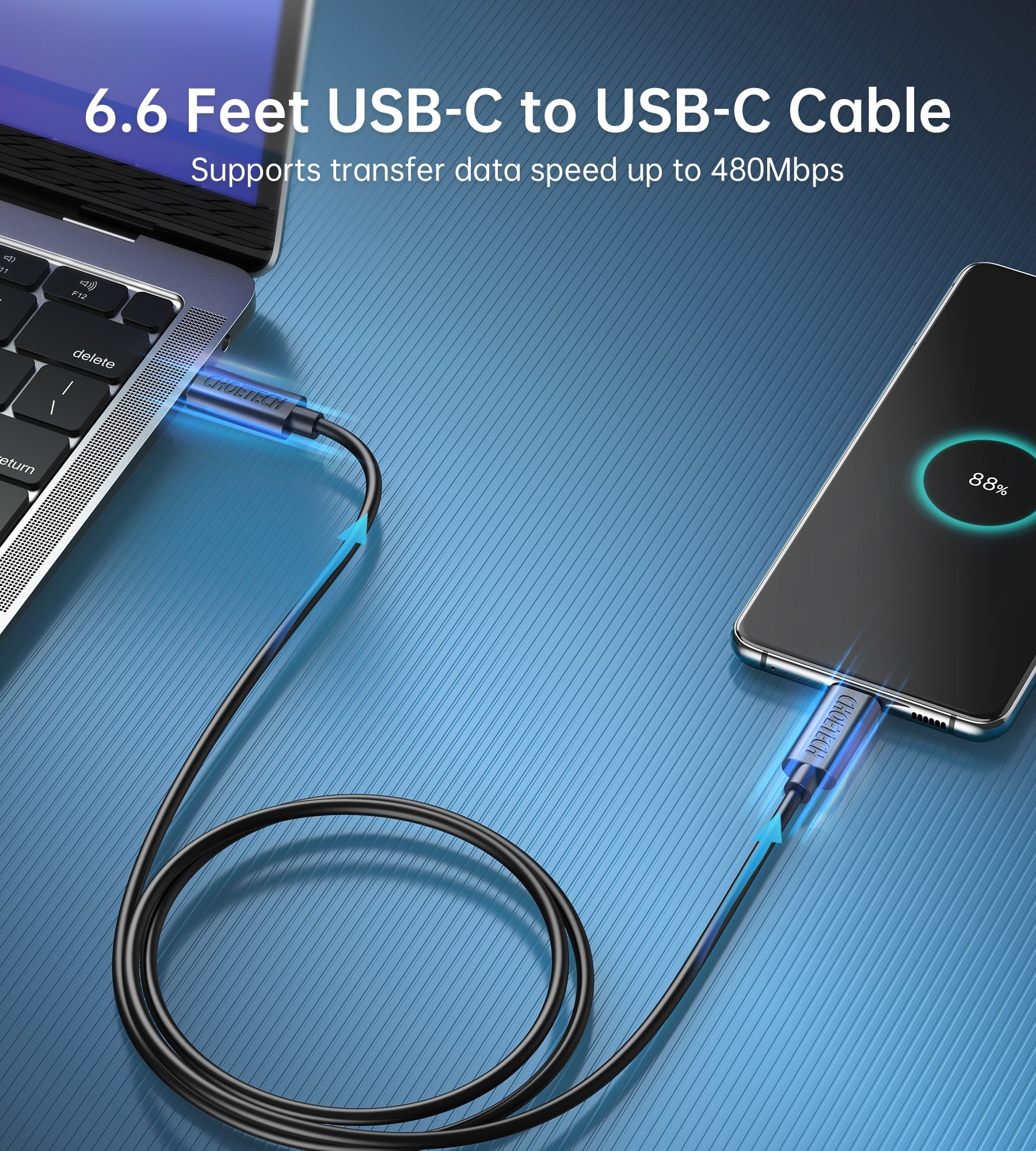 CHOETECH PD6003 25W USB-C Fast Charger with a 2m USB-C cable, showcasing its compact design and compatibility with various devices.