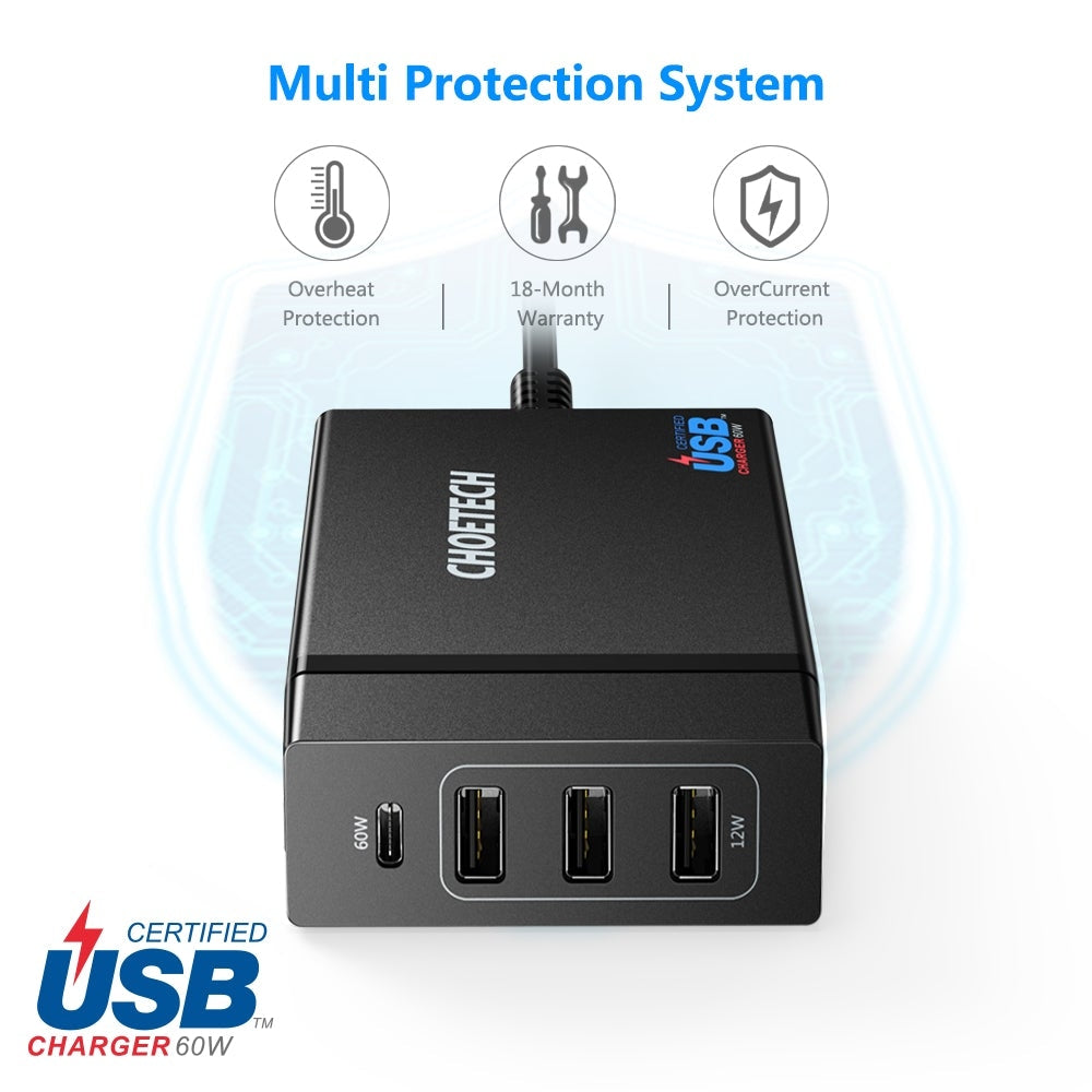 CHOETECH PD72 Power Delivery Charger with multiple ports and compact design, ideal for fast charging devices.