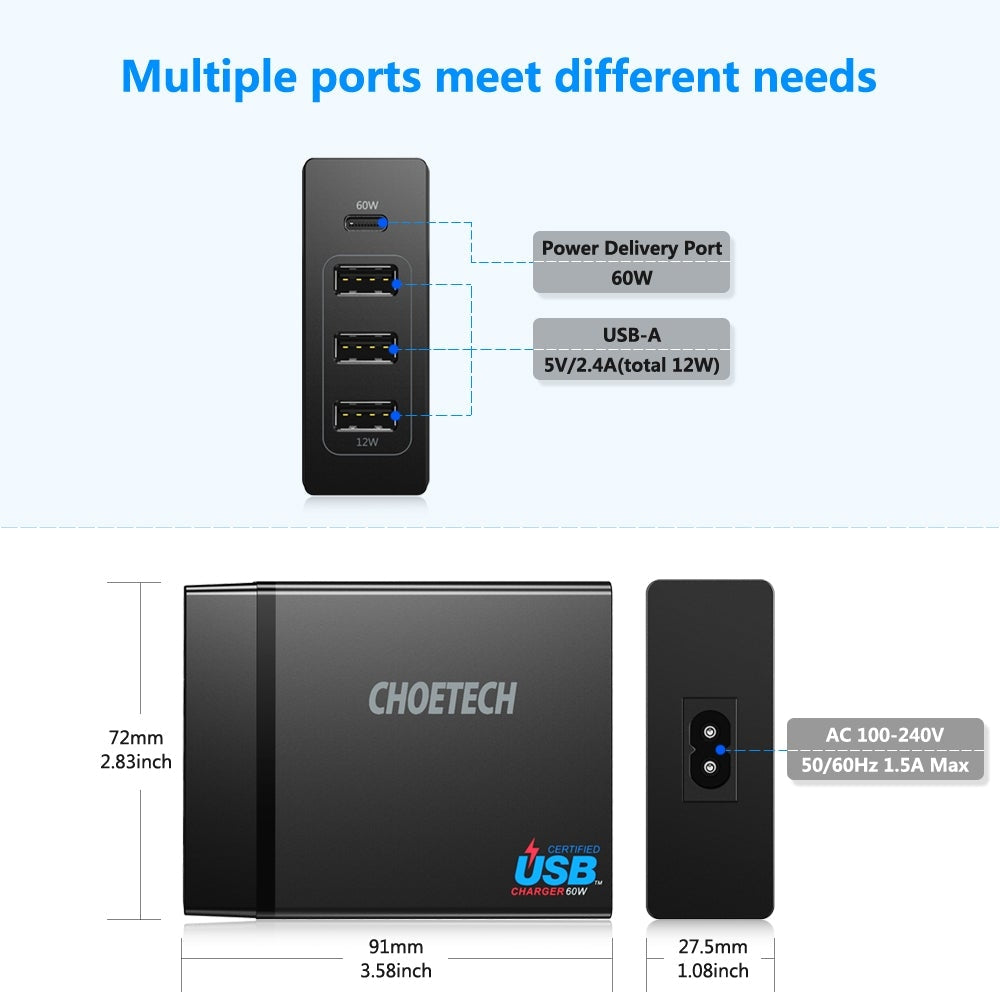 CHOETECH PD72 Power Delivery Charger with multiple ports and compact design, ideal for fast charging devices.