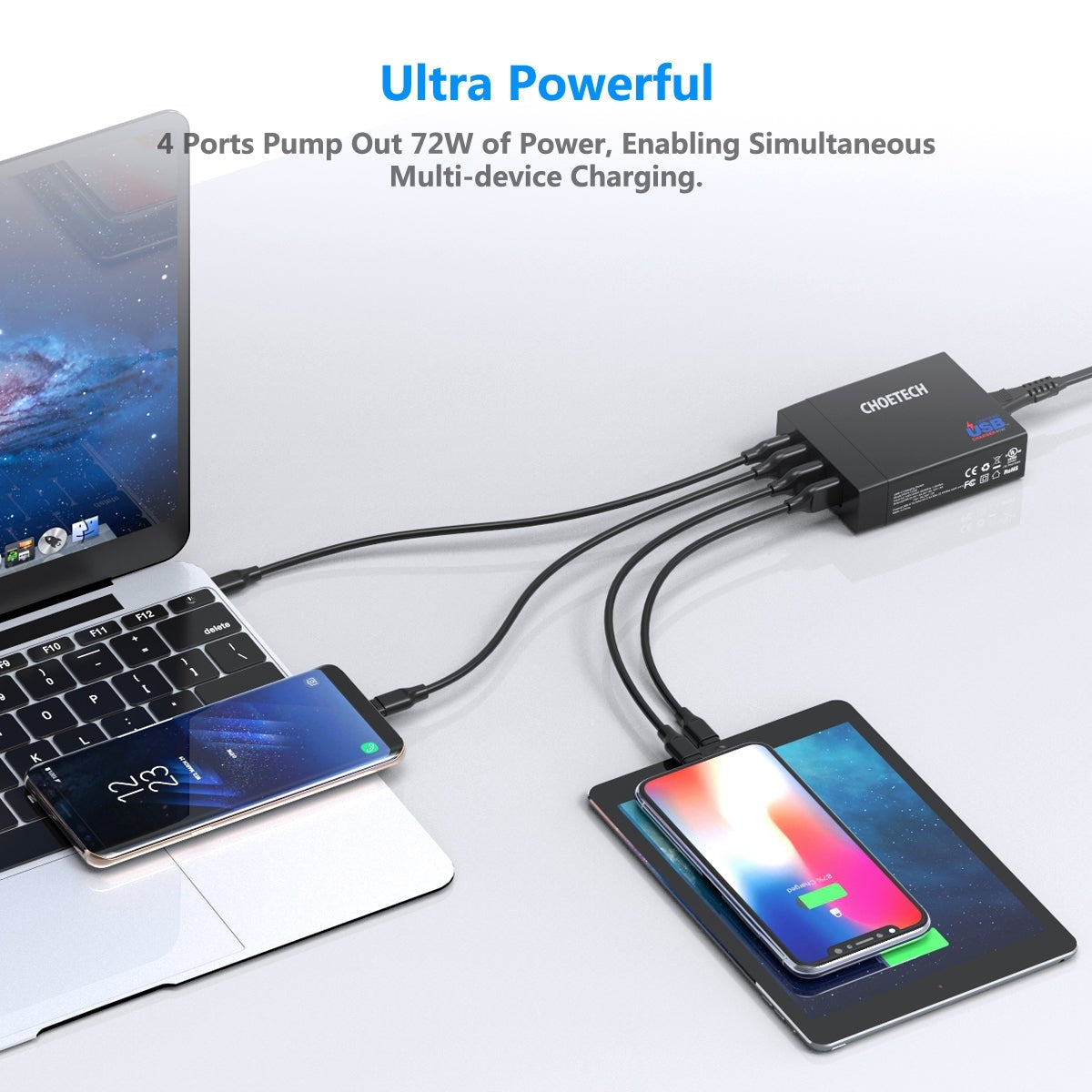 CHOETECH PD72 Power Delivery Charger with multiple ports and compact design, ideal for fast charging devices.