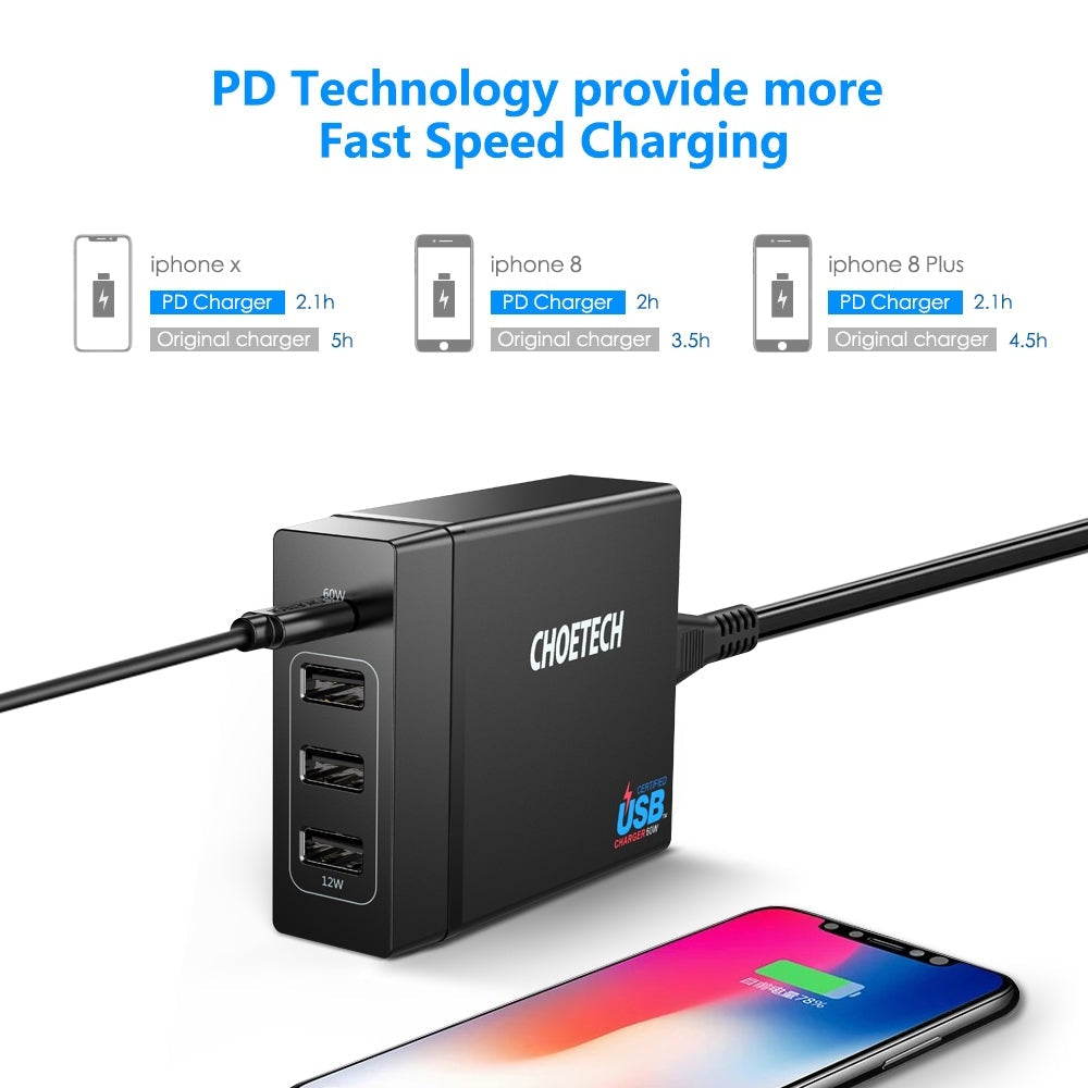 CHOETECH PD72 Power Delivery Charger with multiple ports and compact design, ideal for fast charging devices.