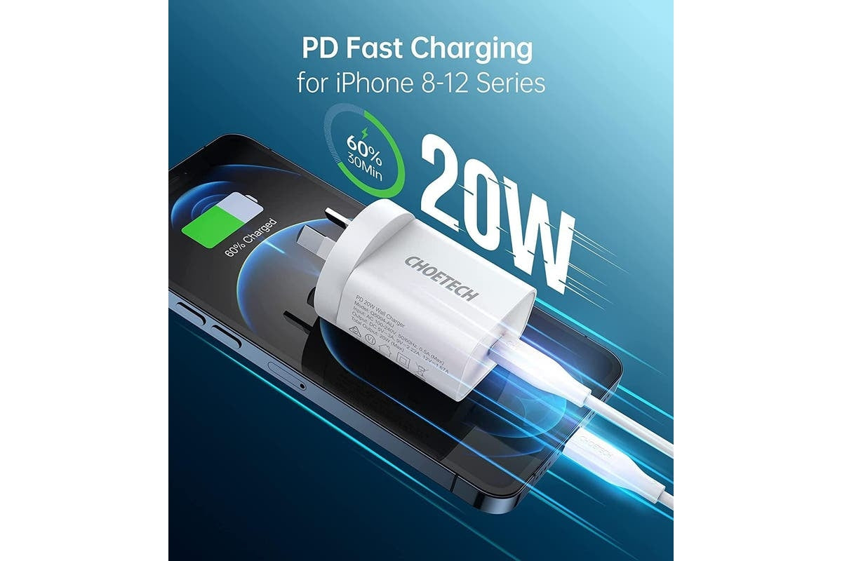 Choetech Q5004 PD Fast Type C Wall Charger 20W with USB-C to lightning cable, compact and portable design.