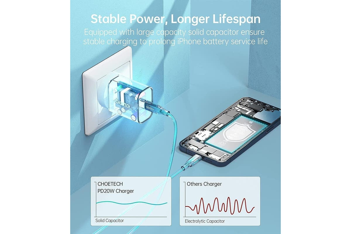 Choetech Q5004 PD Fast Type C Wall Charger 20W with USB-C to lightning cable, compact and portable design.