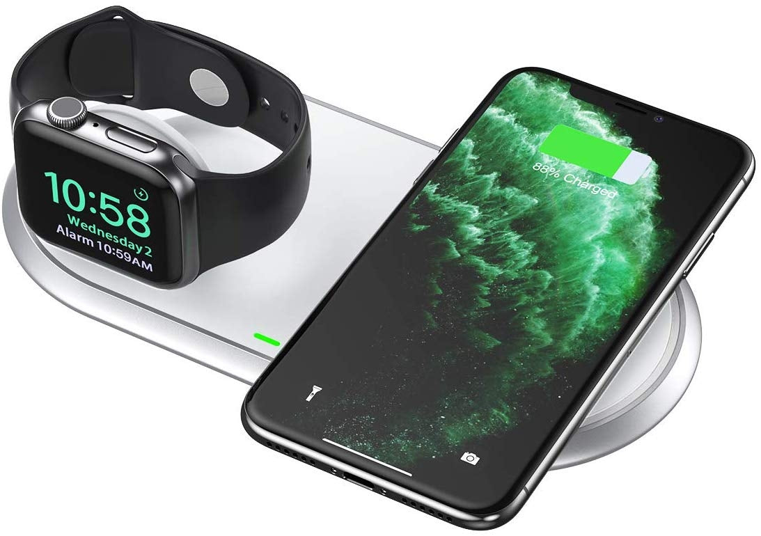 CHOETECH T317 2-in-1 Dual Wireless Charger Pad with iPhone, Apple Watch, and AirPods charging simultaneously on a stylish zinc-alloy surface.