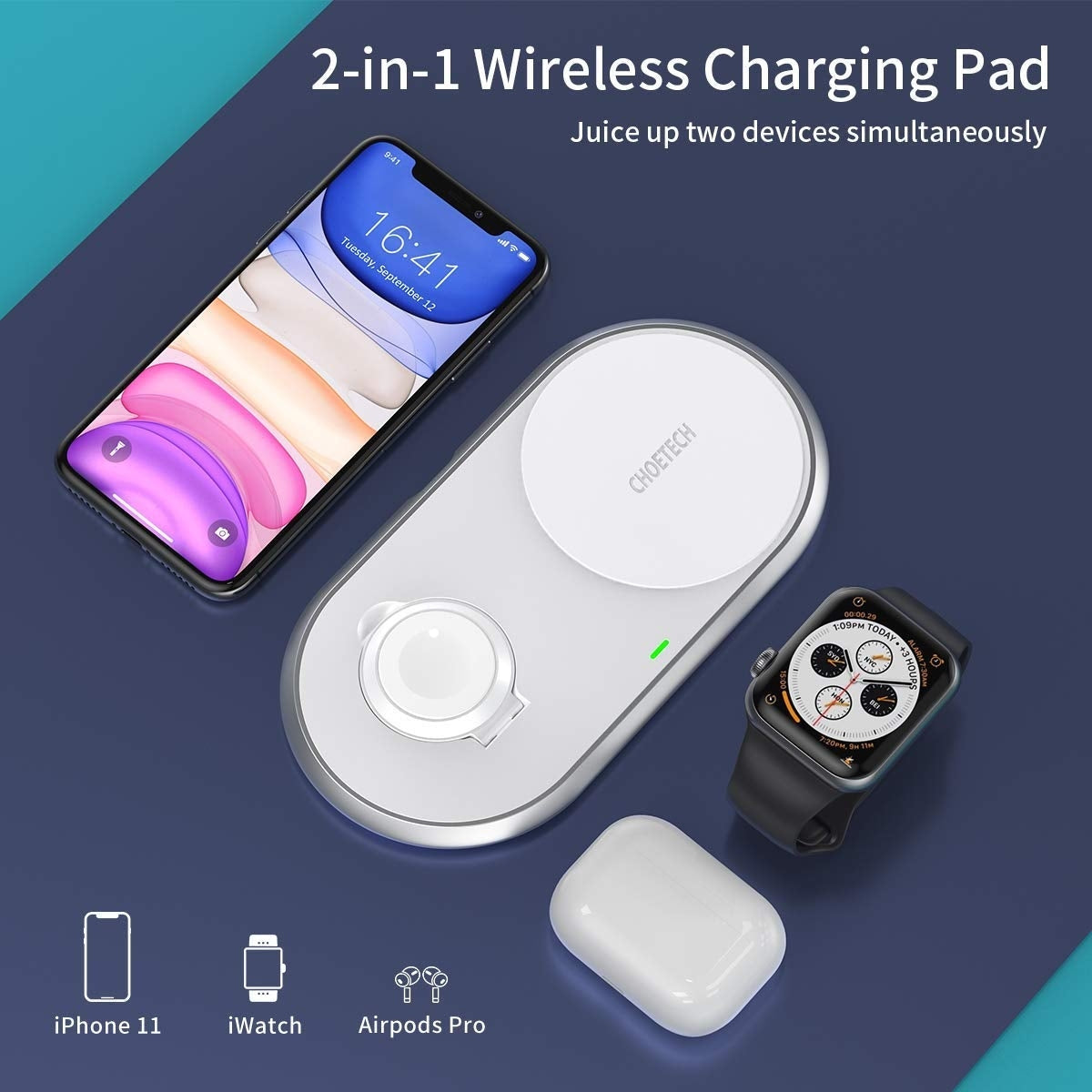 CHOETECH T317 2-in-1 Dual Wireless Charger Pad with iPhone, Apple Watch, and AirPods charging simultaneously on a stylish zinc-alloy surface.