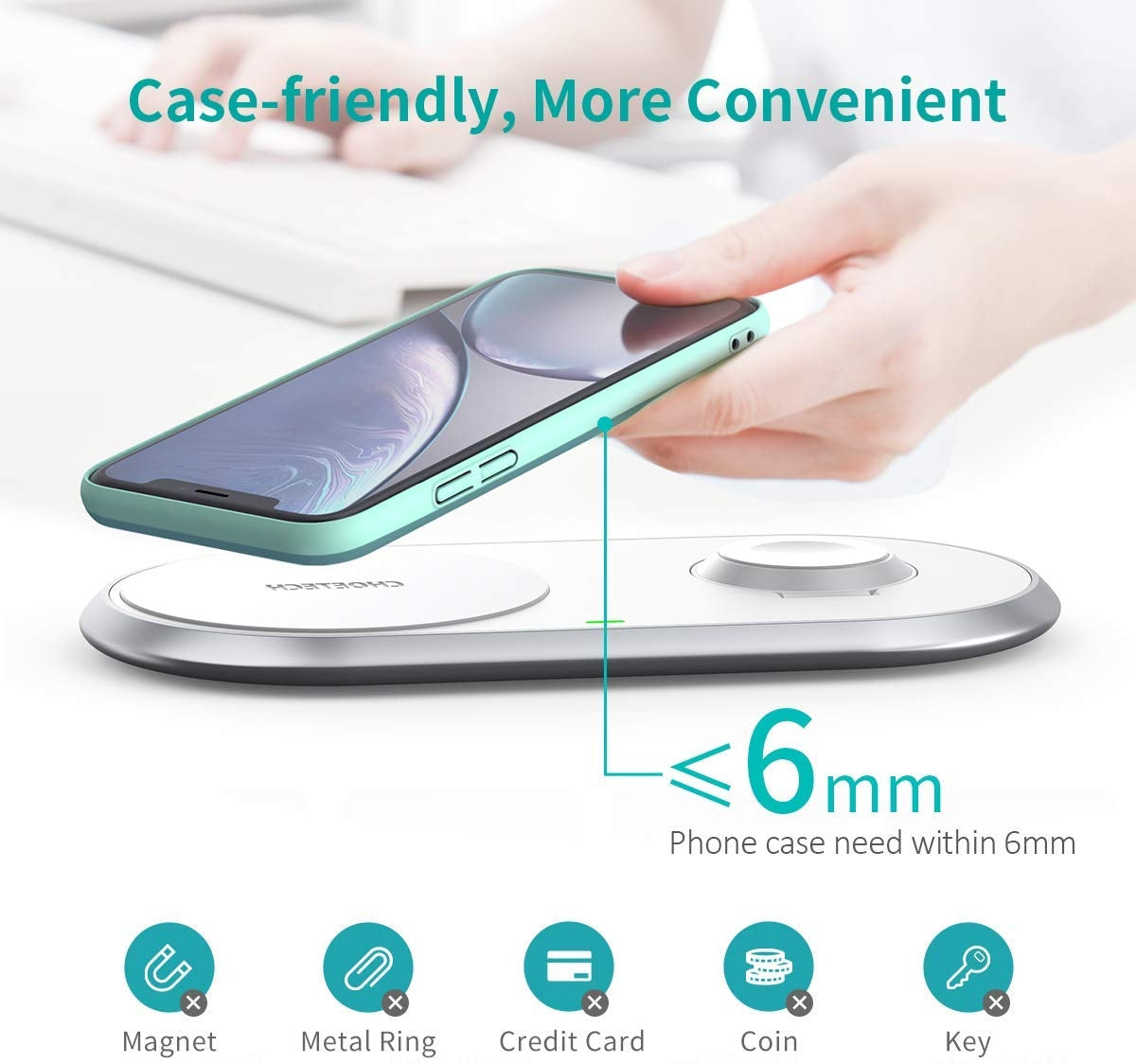 CHOETECH T317 2-in-1 Dual Wireless Charger Pad with iPhone, Apple Watch, and AirPods charging simultaneously on a stylish zinc-alloy surface.