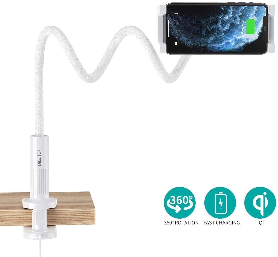 CHOETECH T548-S Wireless Charger with Flexible Holder, featuring a gooseneck arm and a wireless charging pad for smartphones and tablets.