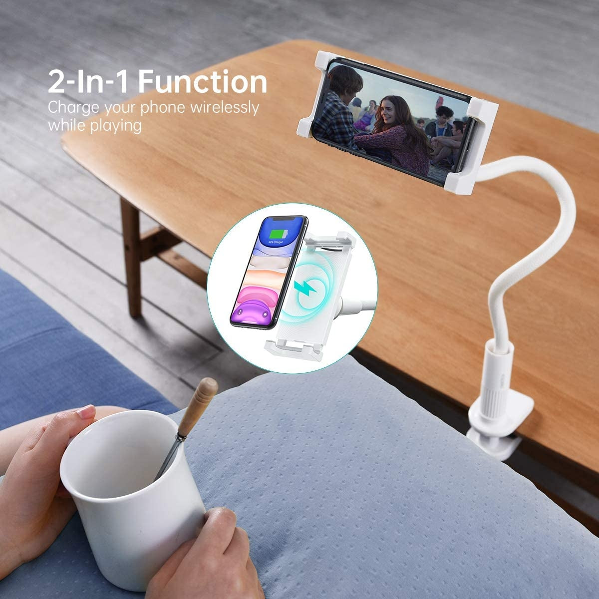 CHOETECH T548-S Wireless Charger with Flexible Holder, featuring a gooseneck arm and a wireless charging pad for smartphones and tablets.