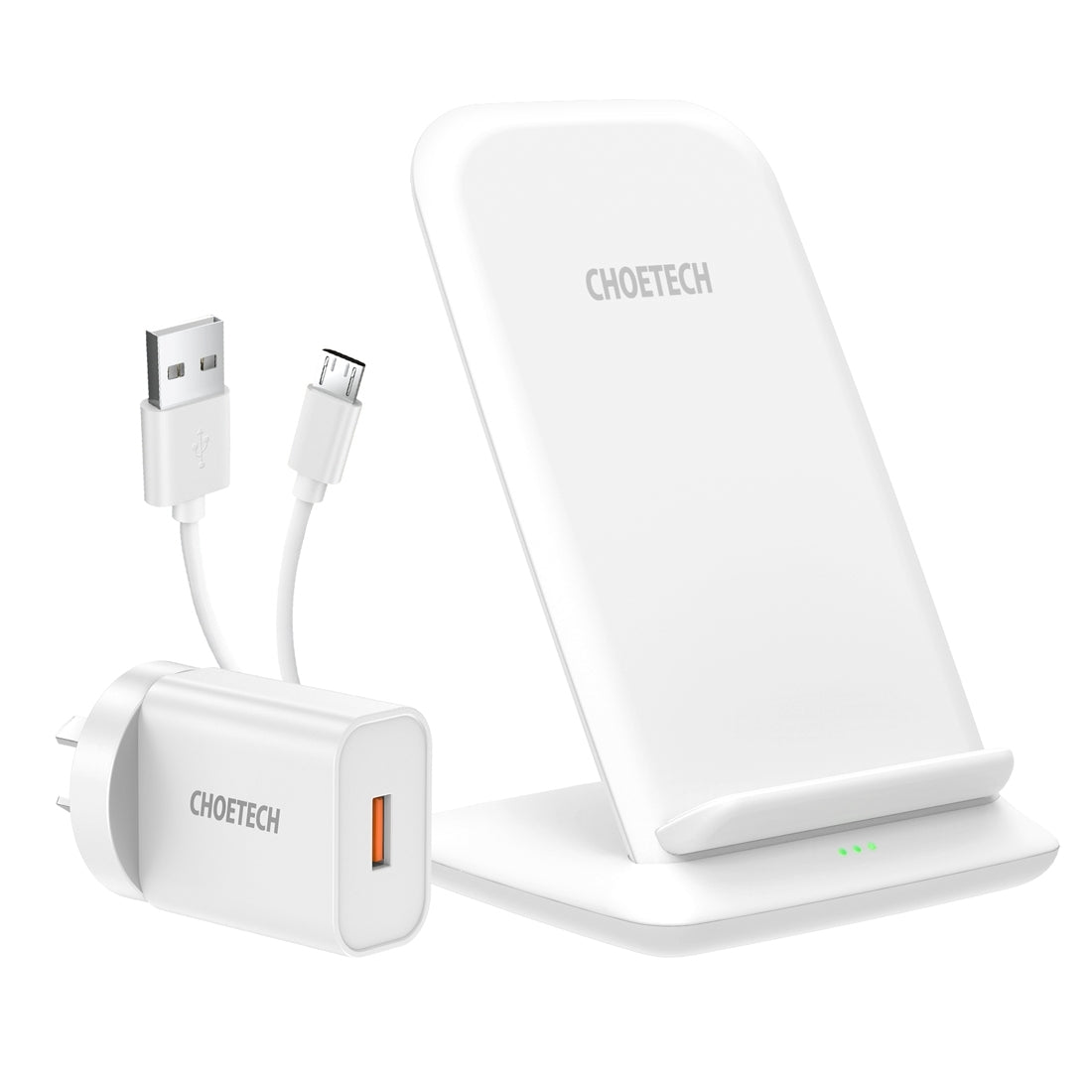 CHOETECH T555-F 15W Wireless Charger Stand in white, featuring dual coils and a sleek design for efficient charging.