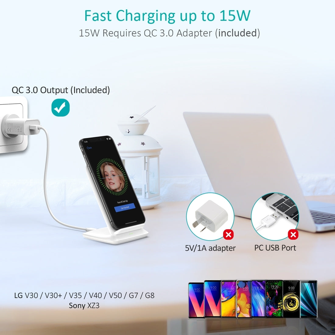 CHOETECH T555-F 15W Wireless Charger Stand in white, featuring dual coils and a sleek design for efficient charging.