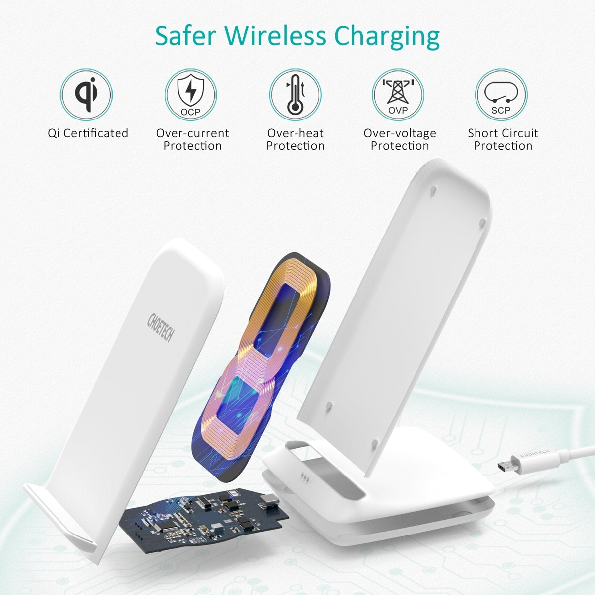 CHOETECH T555-F 15W Wireless Charger Stand in white, featuring dual coils and a sleek design for efficient charging.