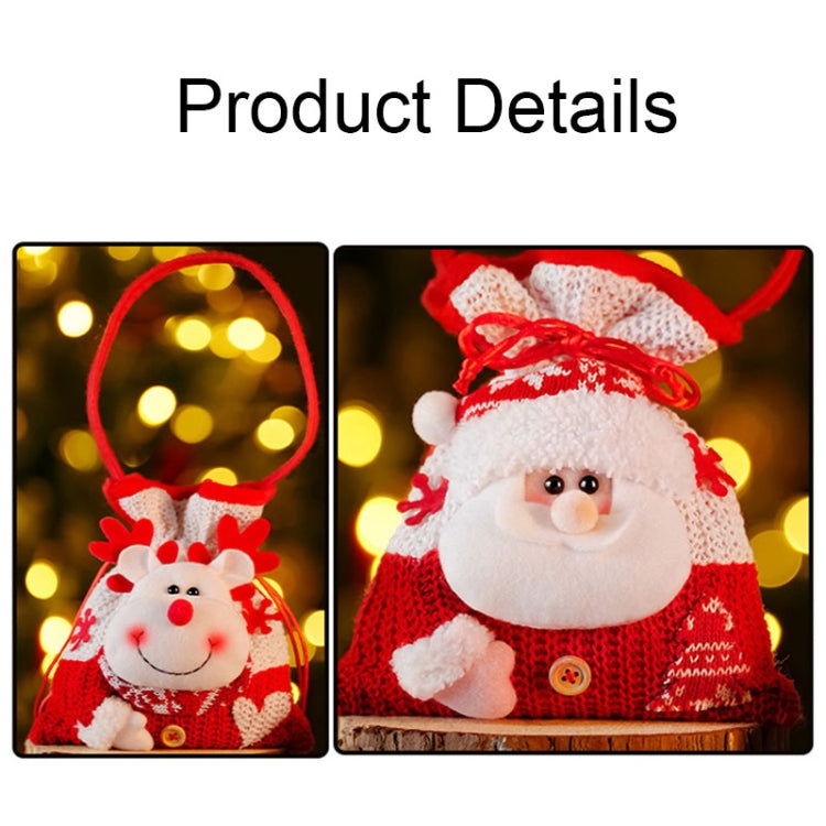 Christmas knitted handheld gift bag for children featuring a cute cartoon design, made from soft flannel and linen, perfect for candies and small gifts.