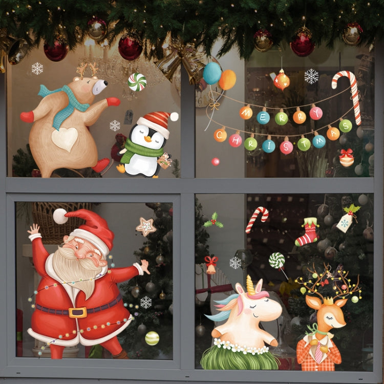 Christmas window decoration poster featuring Santa Claus, elk, and snowflakes, made from durable PVC material, perfect for festive decor.