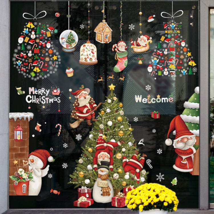 Christmas window decoration poster featuring Santa Claus, elk, and snowflakes, made from durable PVC material, perfect for festive decor.