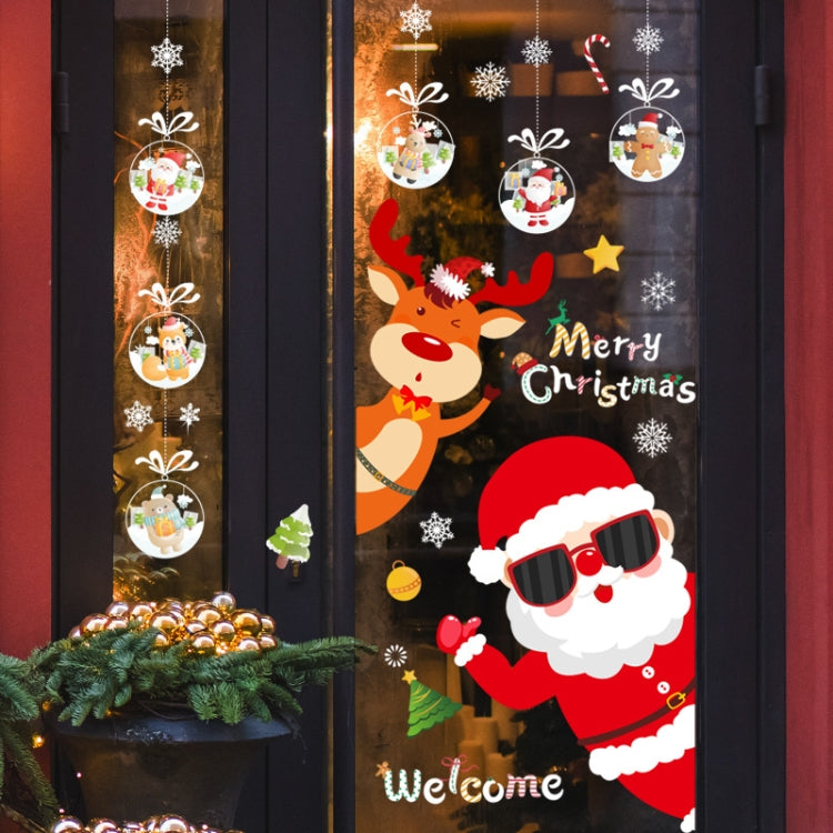 Christmas window decoration poster featuring Santa Claus, elk, and snowflakes, made from durable PVC material, perfect for festive decor.