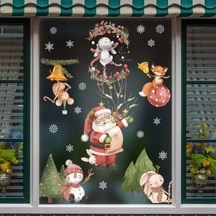 Christmas window decoration poster featuring Santa Claus, elk, and snowflakes, made from durable PVC material, perfect for festive decor.