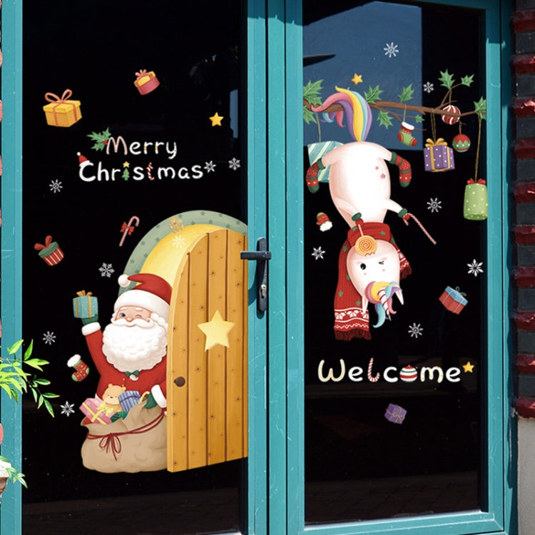 Christmas window decoration poster featuring Santa Claus, elk, and snowflakes, made from durable PVC material, perfect for festive decor.