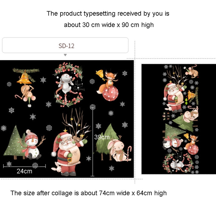 Christmas window decoration poster featuring Santa Claus, elk, and snowflakes in vibrant colors, perfect for festive holiday decor.