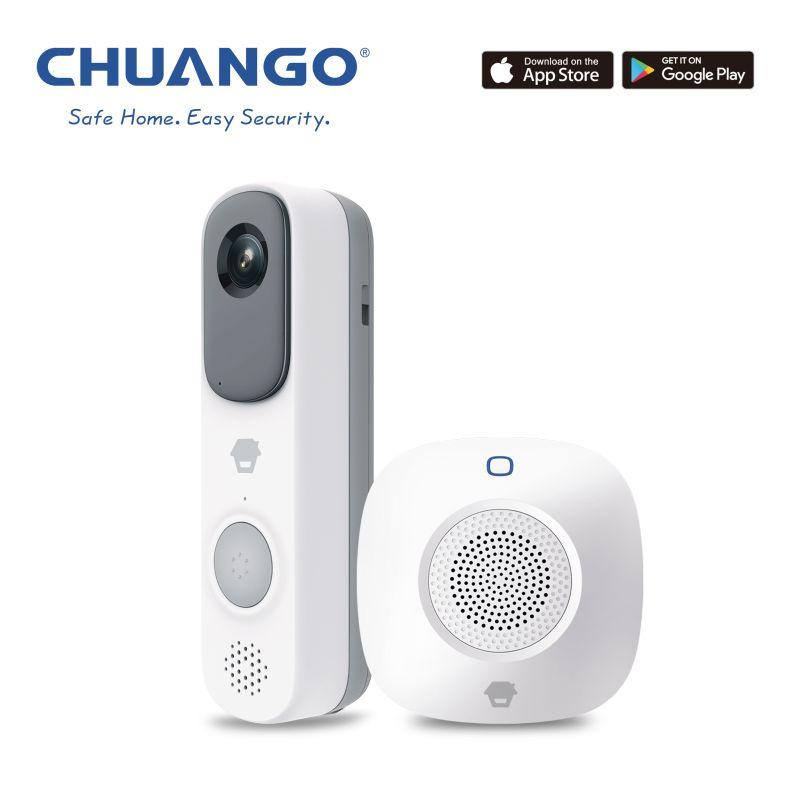 CHUANGO Smart DoorBell & Chime featuring a sleek design with a camera and chime button, ideal for home security.