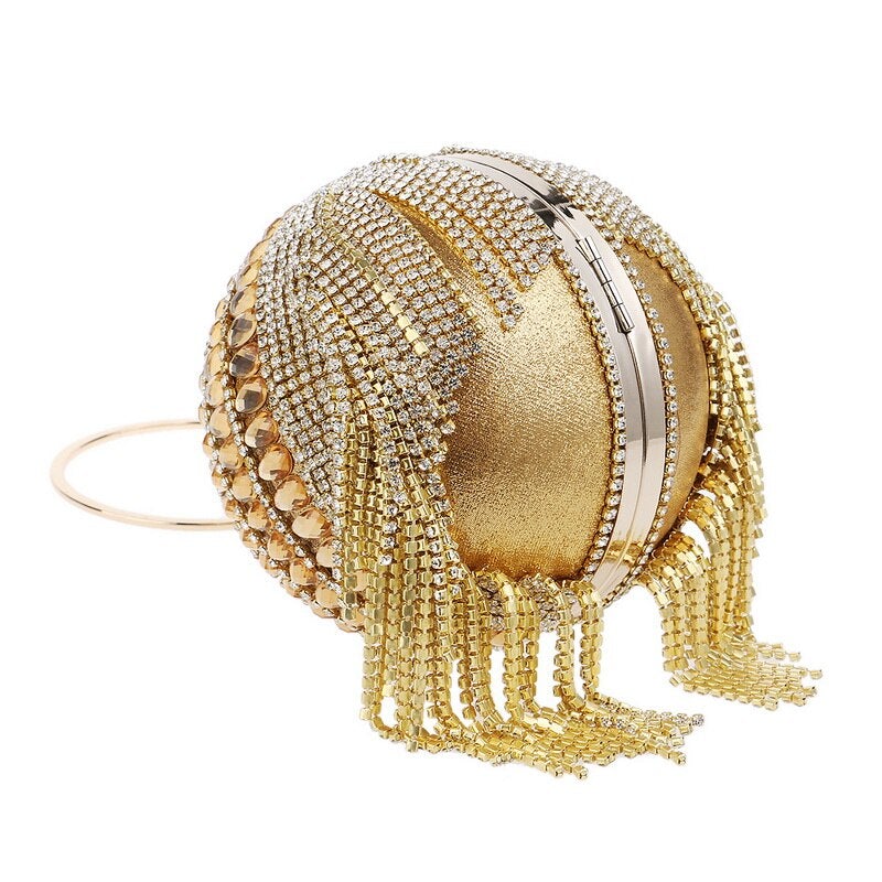 Circular women clutch with tassels and rhinestones, featuring a stylish design and chain shoulder strap, perfect for evening events.