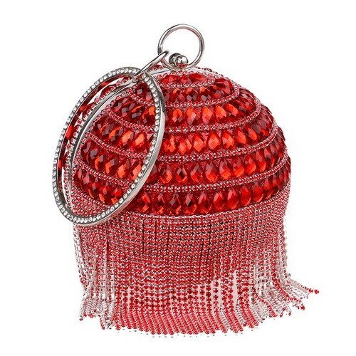 Circular women clutch with tassels and rhinestones, featuring a stylish design and chain shoulder strap, perfect for evening events.