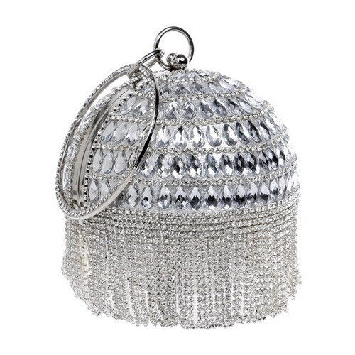 Circular women clutch with tassels and rhinestones, featuring a stylish design and chain shoulder strap, perfect for evening events.