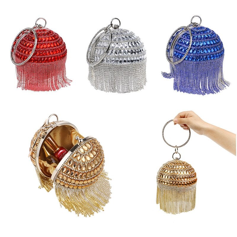 Circular women clutch with tassels and rhinestones, featuring a stylish design and chain shoulder strap, perfect for evening events.