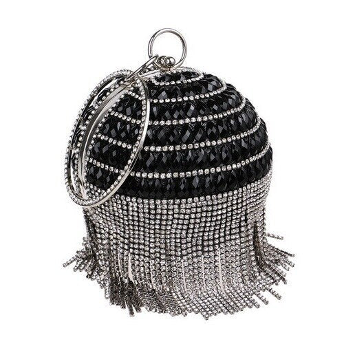 Circular women clutch with tassels and rhinestones, featuring a stylish design and chain shoulder strap, perfect for evening events.