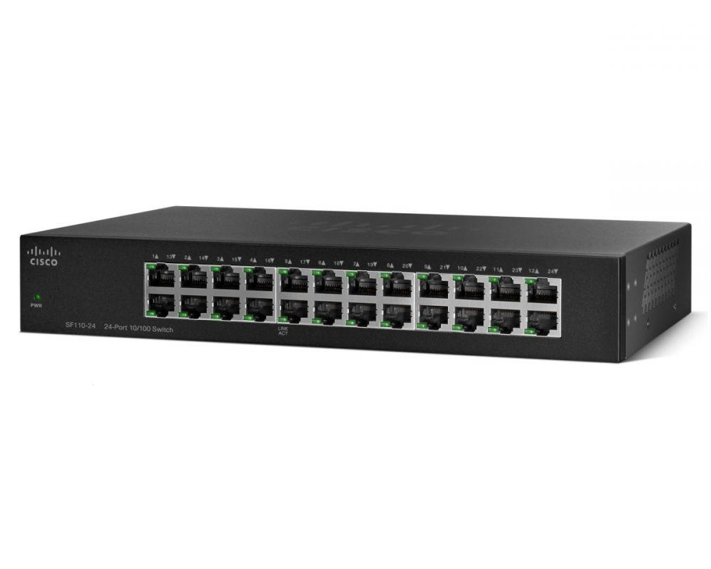 CISCO 24 Port 10/100 Unmanaged Switch with 24 Ethernet ports and 2 Gigabit SFP ports, designed for rackmount installation.