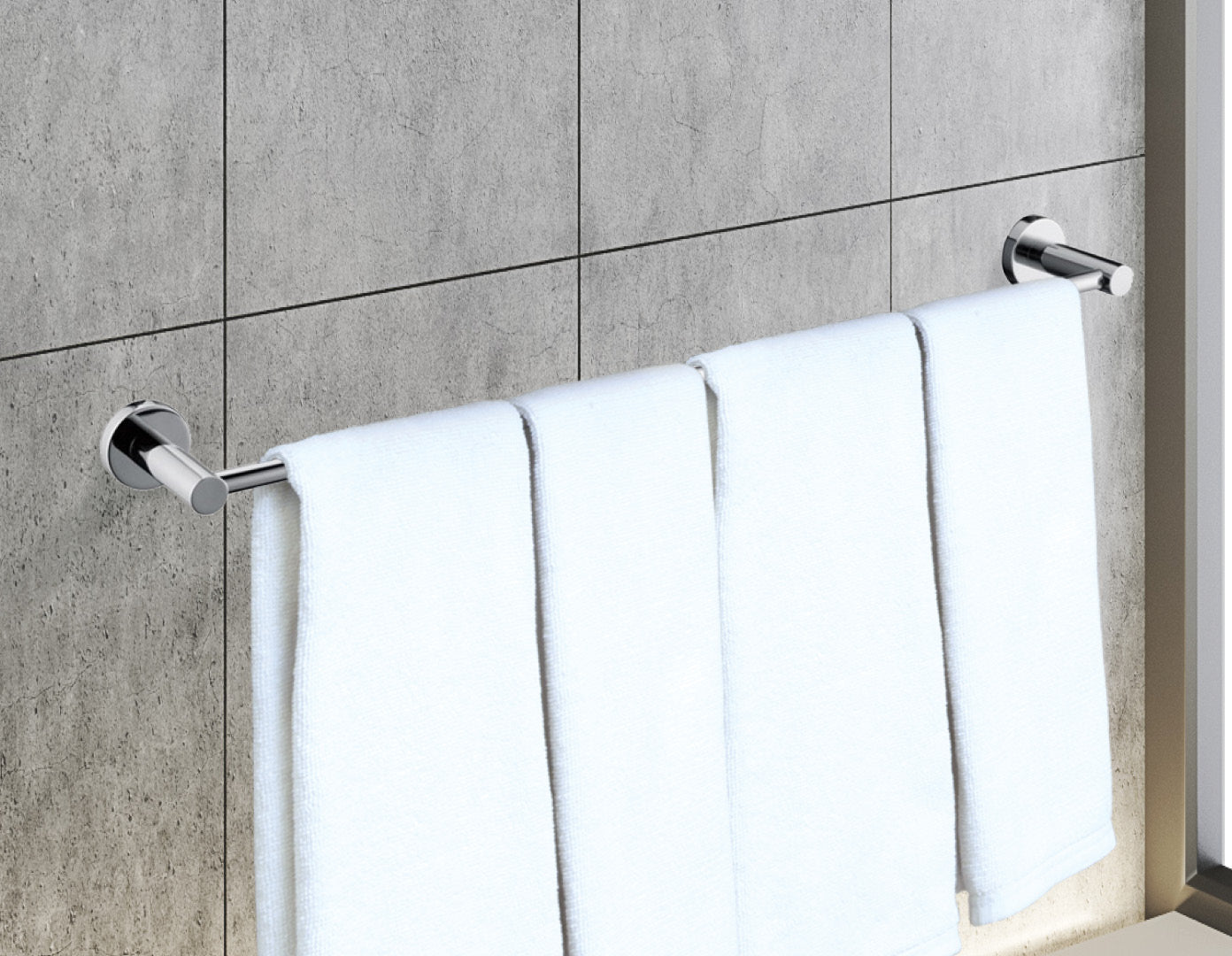 Classic Chrome Towel Bar Rail, elegantly designed for bathroom use, featuring a polished chrome finish and sturdy mounting hardware.