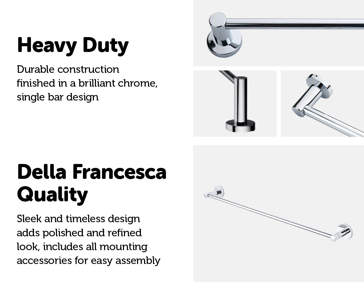 Classic Chrome Towel Bar Rail, elegantly designed for bathroom use, featuring a polished chrome finish and sturdy mounting hardware.