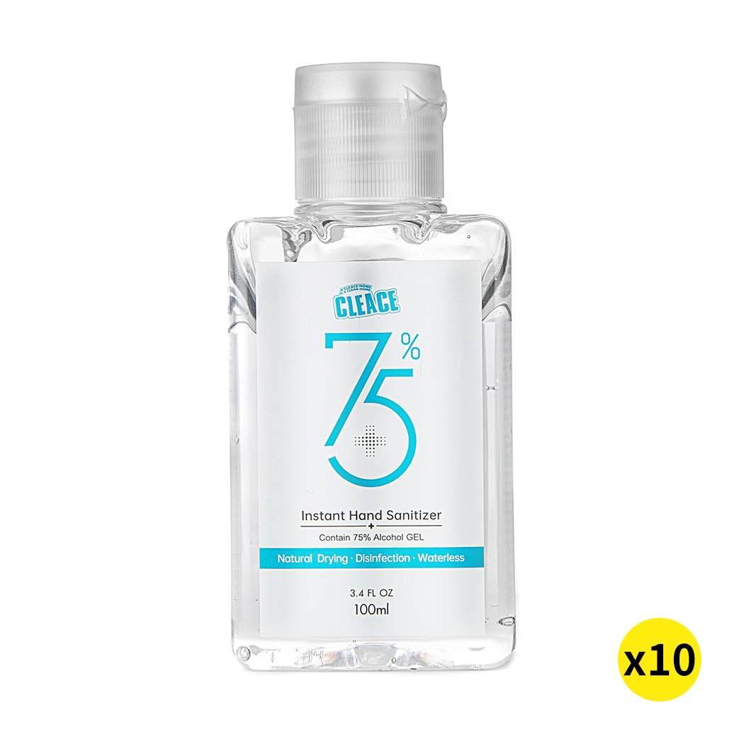 Cleace 10x Hand Sanitiser Gel 100ml bottle with 75% alcohol, transparent liquid, and moisturizing glycerin essence.